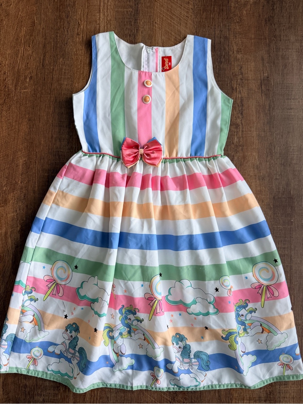 Girls' Rainbow Stripe Dress with Pink Bow